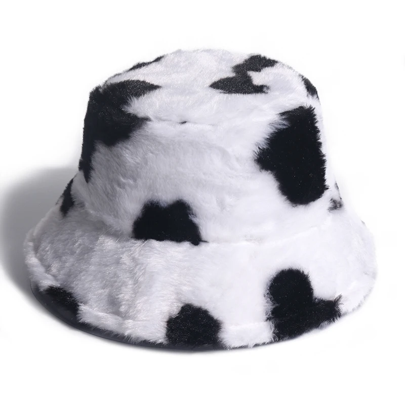 Winfox New Fashion Soft Reversible Black White Cow Pattern Faux Fur Bucket Hats For Women Warm Caps Winter 2020
