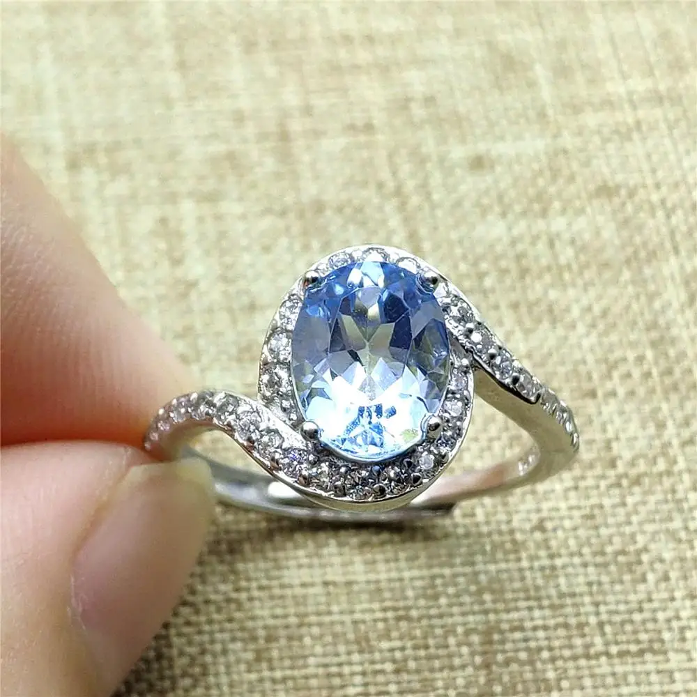 

Кольцо с натуральным голубым топазом, регулируемый размер 9x8 мм, прозрачная бусина для женщин и мужчин, серебро 925 пробы AAAAA