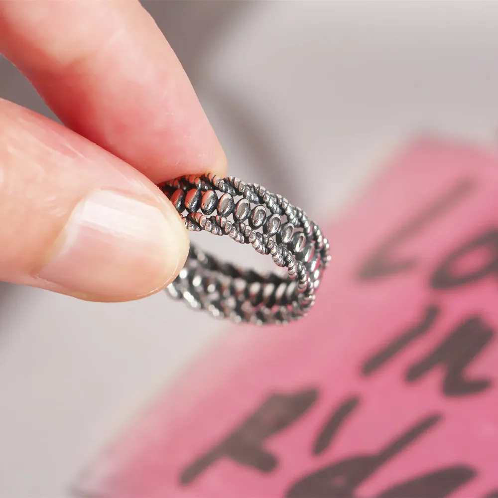 

S925 Silver Color Retro Ring Fashionable Simple Style Oval Beads Open Ring Female Wedding Banquet To Send Girlfriend Jewelry