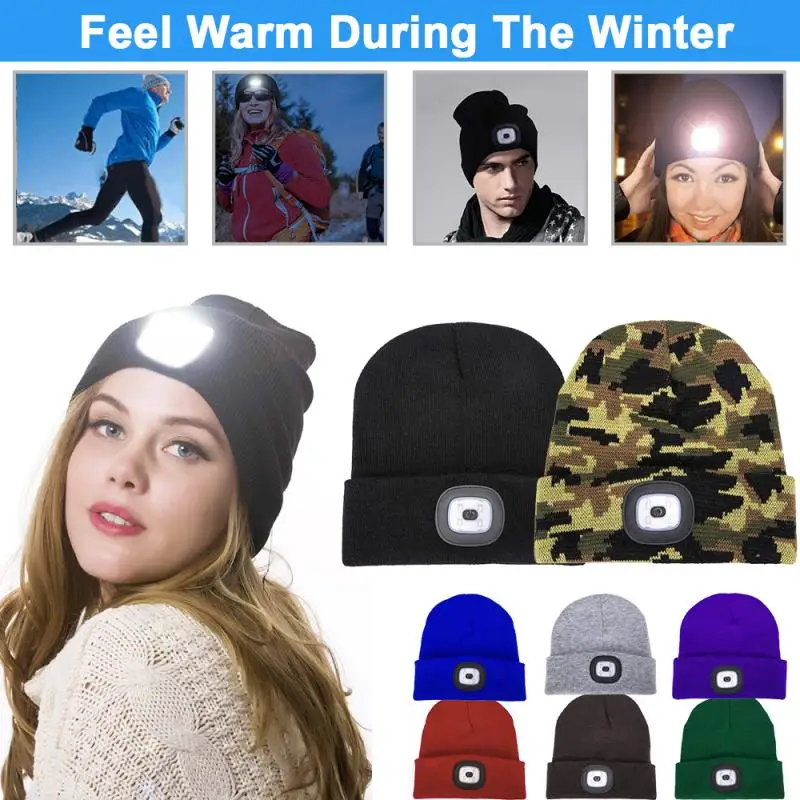 

Unisex LED Lighted Cap Outdoor Cycling Hiking Beanies Hands Free Battery Type Flash Headlight Camping Caps Lighted Hats