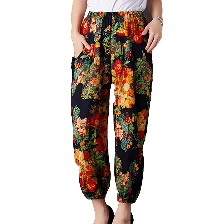 Весенние и летние хлопковые шелковые шаровары с принтом Национальный стиль