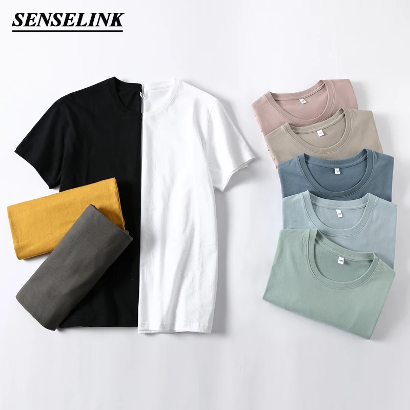 

SENSELINK summer new style 100% pure cotton white solid color T-shirt men's O-neck short-sleeved men's high-quality classic top