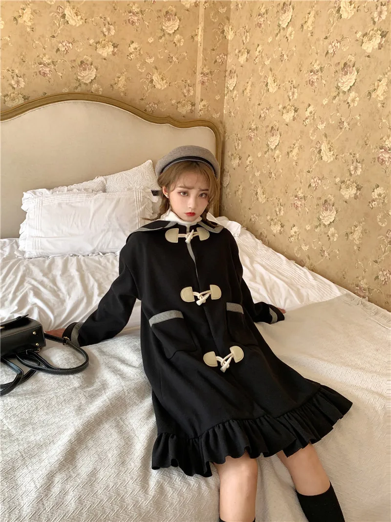 Японский Harajuku Осень Зима Женское шерстяное пальто матросский воротник черный пэчворк Толстая теплая верхняя одежда милые Kawaii оборками шерстяное пальто