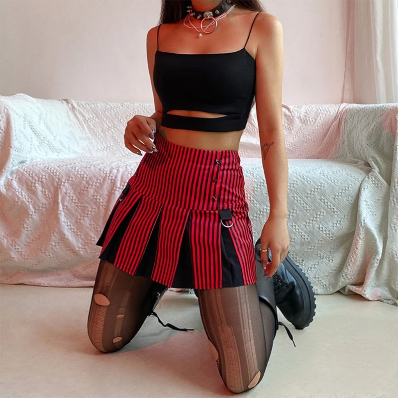 

Women Gothic Punk Black Red Patchwork Striped Pleated Mini Skirt Harajuku High Waist Star Studded Slim A-Line Streetwear