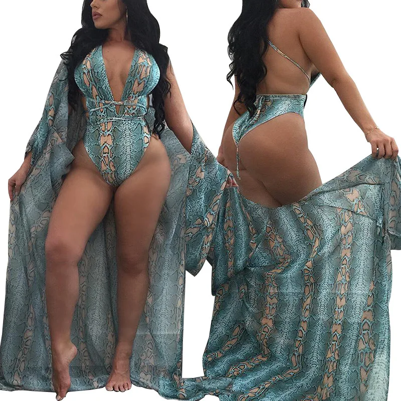 

Zoctuo 2020 Summer Bikinis Set Swimwears Bandage Backless Sexy Women Sets Beach Deep V Swimsuit and Cloak Two Piece Sets Holiday