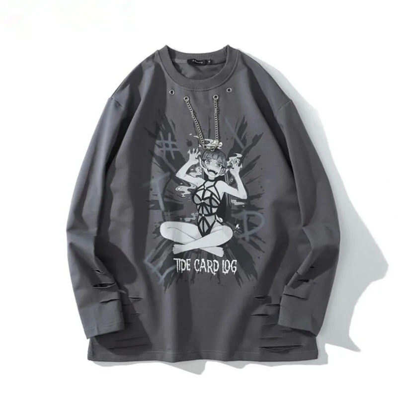 

Sweatshirt Men Japanese Girl Comics Print Broken Hole Hoodies Streetwear Man Diablo Style Punk Metal Chain Pullover Male w1889
