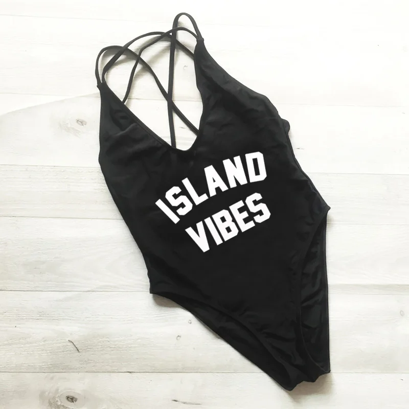 Сплошной купальник с надписью ISLAND VIBES перекрестной спинкой сексуальный женский