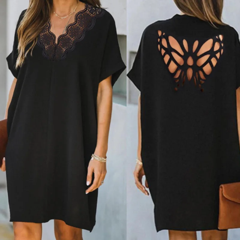 

2021 Fashion Summer Short Sleeve Loose Women's Open Back Butterfly Hollow Out Skirt Women's Sexy V-neck Lace Party Skirt