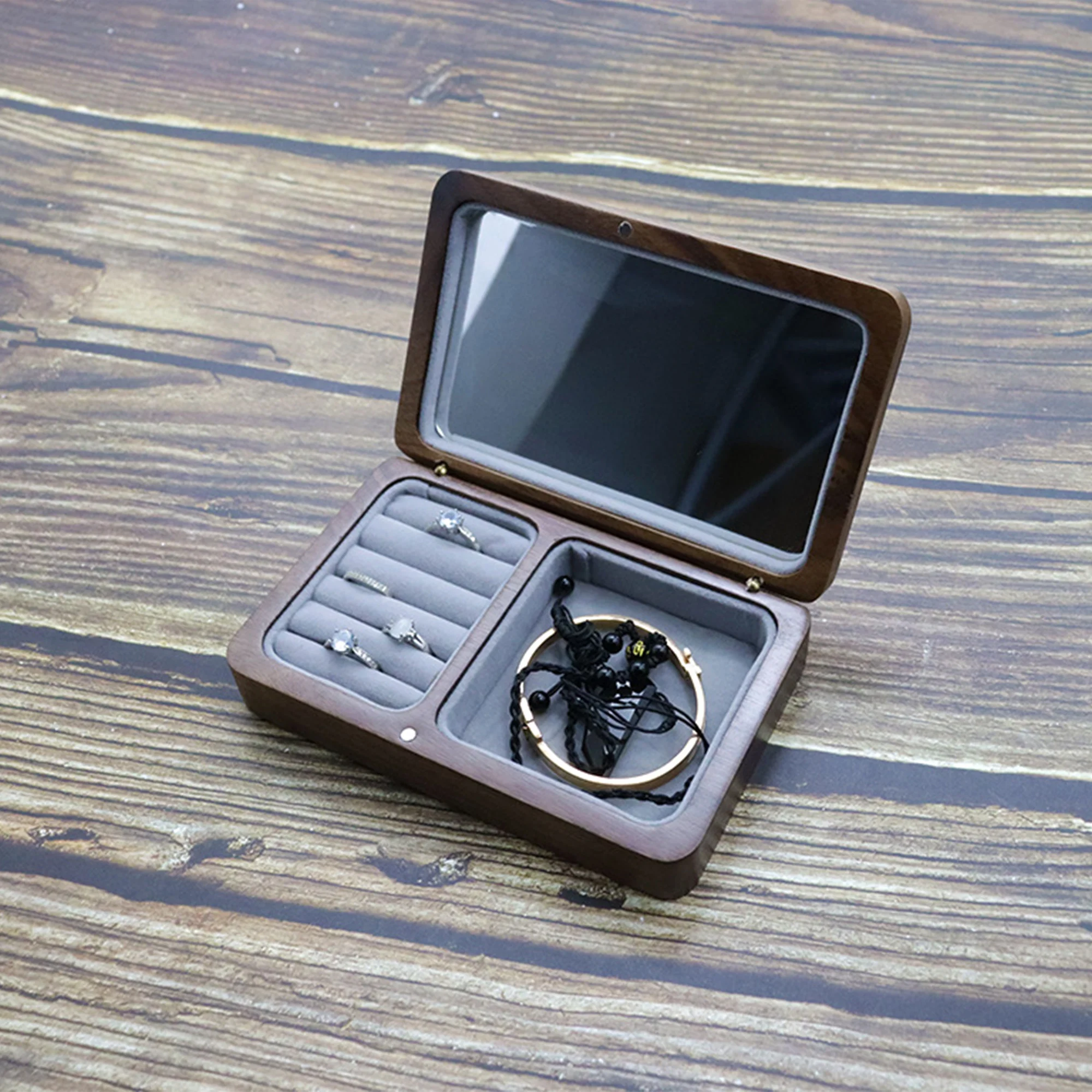 Retro Black Walnut Jewelry Box Organizer Personalised Name Date Handmade Jewelry Storage Earring Holder Gifts With Makeup Mirror