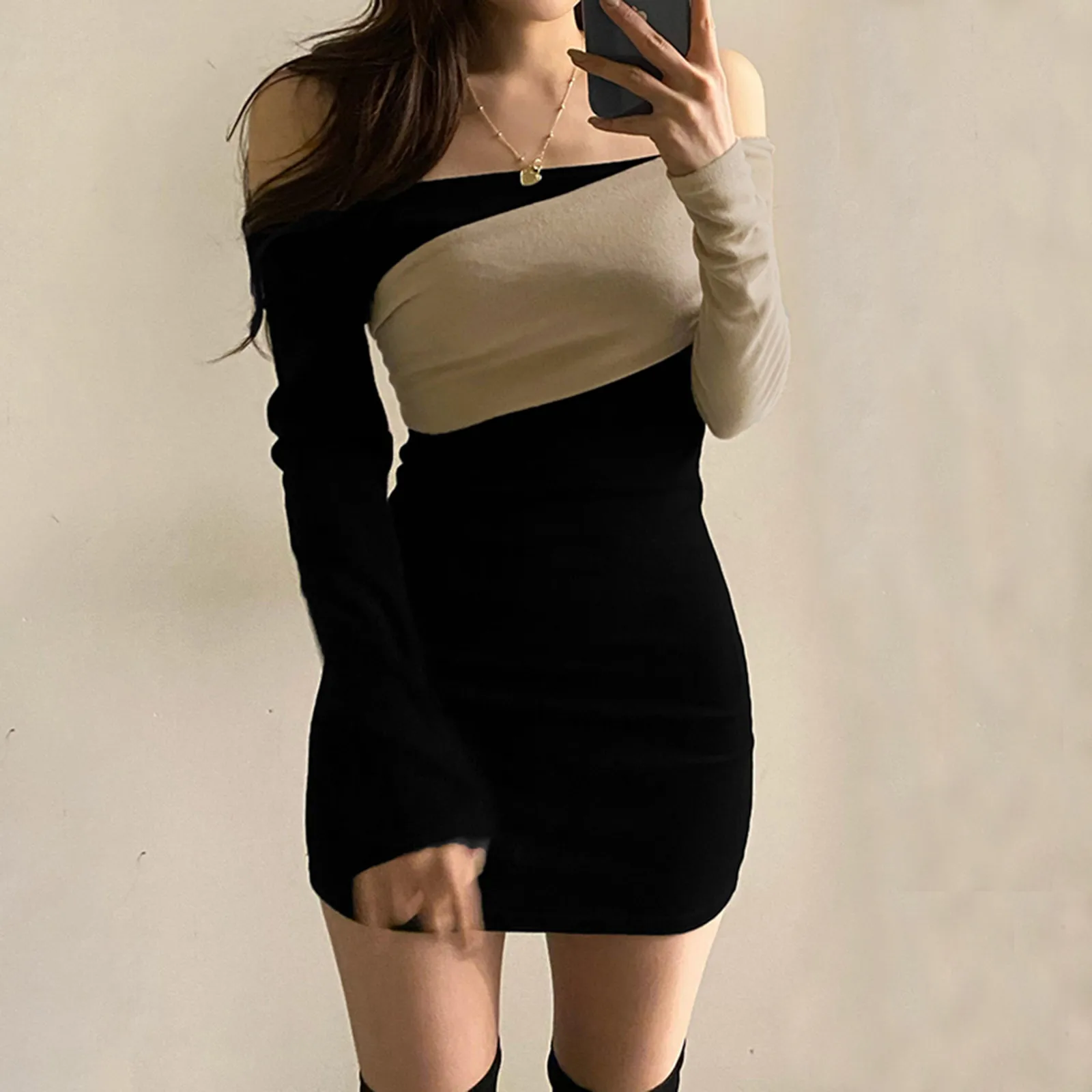

Women Long Sleeve Stitching Strapless Bag Hip Skirt Knitted Short Skirt Dress Casual Slim Dress For Women Vestido