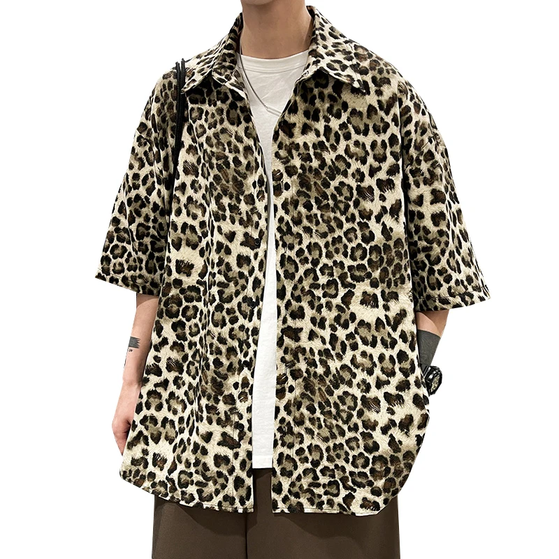 

Summer Harajuku Short Sleeve Leopard Print Shirt Men Turn Down Collar Loose Button Up Blouse Fashion Streetwear Unisex Match Top