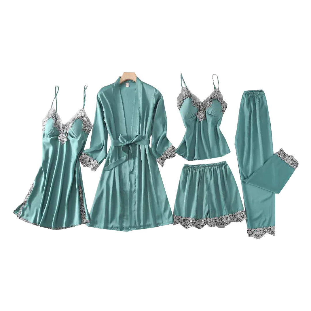

Fashionable Casual Style Solid Color Home Satin Pajamas Solid Colors Suspenders 5-piece Set Pajamas High Quality Elegant Pajama