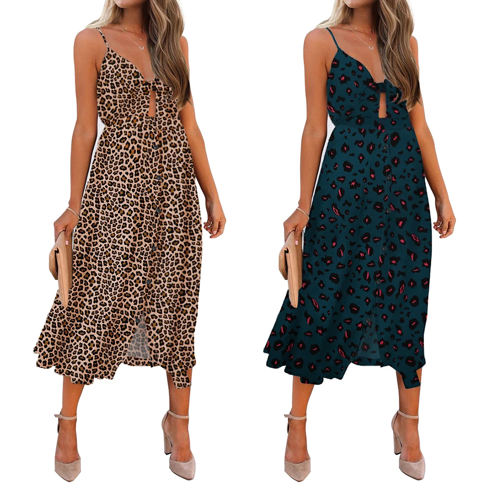 

Women's Tie Front V-Neck Sun Dress Leopard Print Spaghetti Strap Sleevless Sexy Backless Summer Casual Swing Midi Dress D30