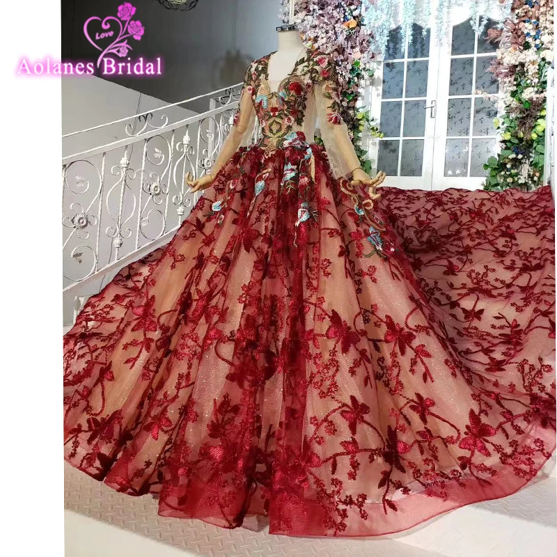 Hot Vintage Lace Crystals Prom Dresses V Neck Ball Gown Princess Red Purple Arabic Women Formal Party | Свадьбы и торжества