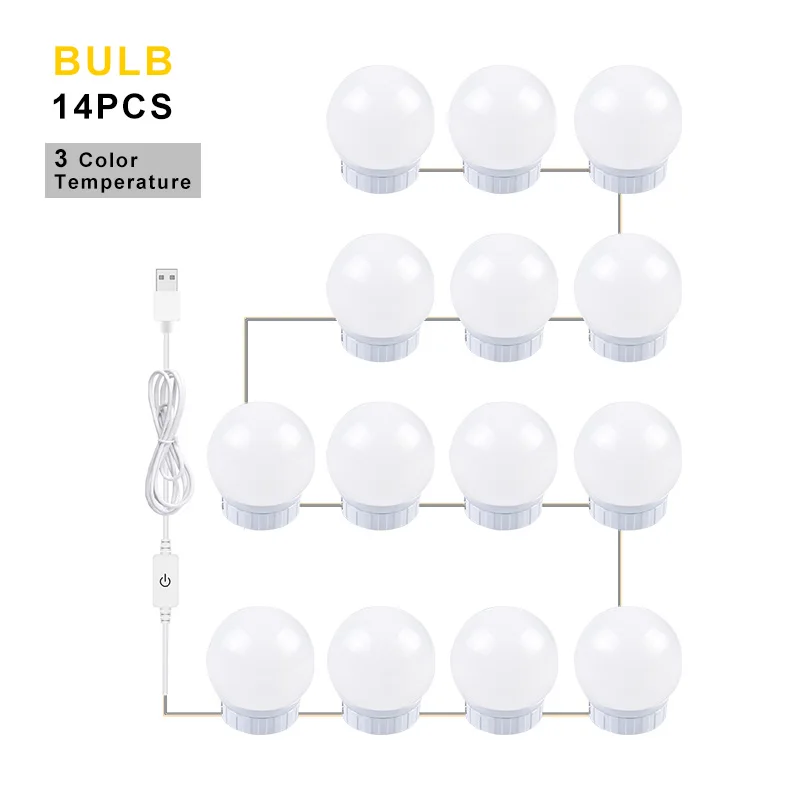 Three Colors 14bulbs 5V светодиодный зеркало для макияжа светильник Vanity светильник s Плавная затемнения настенный светильник 2/6/10/14 лампы Комплект для туалетного столика светодиодный зеркало с подсветкой led лампа - Испускаемый цвет: Three Colors 14bulbs