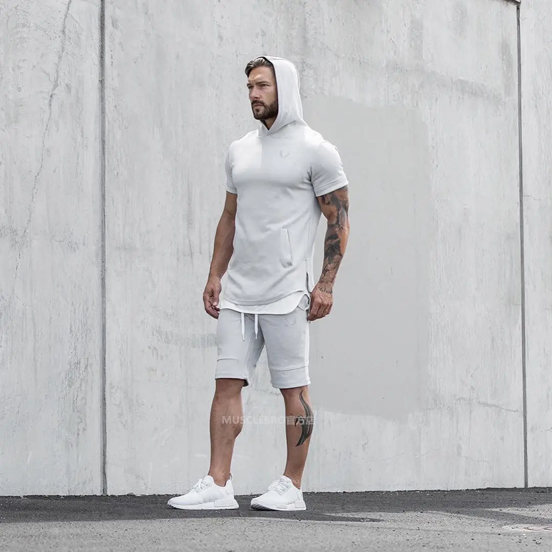 

Muscle Brothers Men 's Fitness Sports Trend Short Sleeve Hoodie Running Pullover Hooded Stretch Slim Top