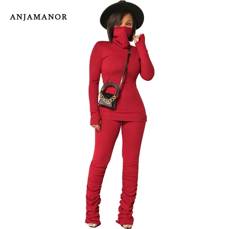 

ANJAMANOR Fashion Slim Fit Turtleneck Long Sleeve Top Stacked Pants Two Piece Outfits for Women Knitted Matching Sets D35-DG48