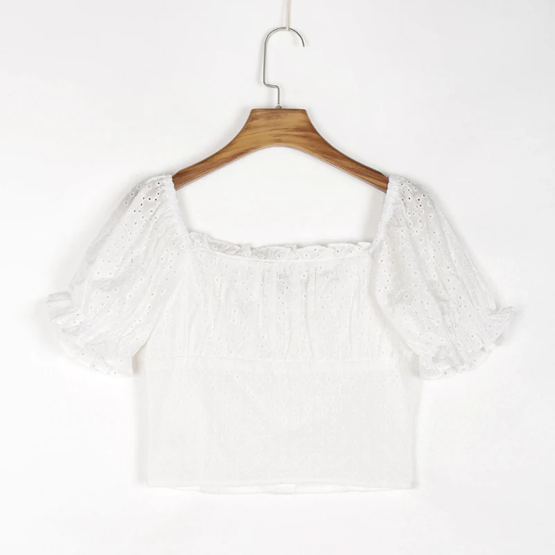 

Summer women's casual solid color cut-out embroidery short shirt
