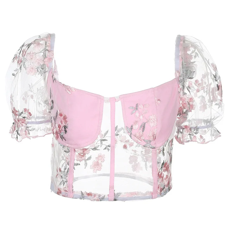 

Vintage Backless T-shirt short sleeve Mesh Transparent Sexy Crop Top Puff Sleeves Ladies Floral Embroidery Summer woman tshirts