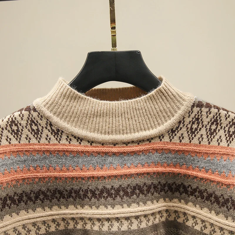 

2020The Pullover Sweater New Loose Casual Sweaters Autumn Winter Women's Sweater European Style Half High Neck Striped Jacquard