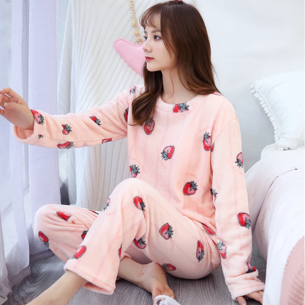 pajamas Зимние теплые пижамы для женщин с длинным рукавом, толстые коралловые бархатные пижамные комплекты, цветочные фланелевые бархатные пижамы Feminino Pijama Mujer - Цвет: pajamas