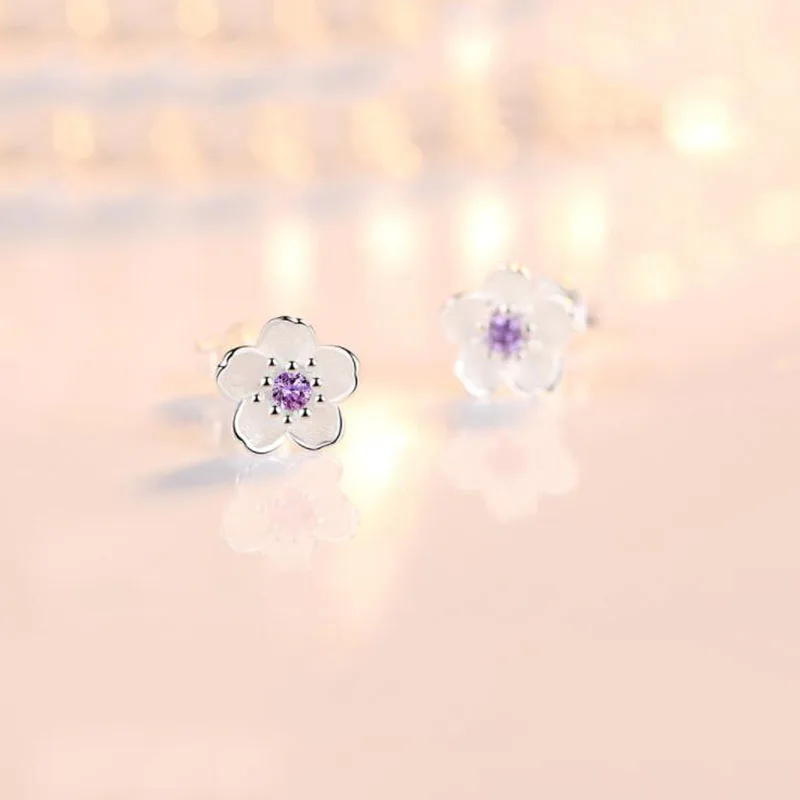 

925 Sterling Anemone Stud Earrings Pink Purple Cubic Zirconia Crystal Earrings for Women Girls Wedding Gift Jewelry