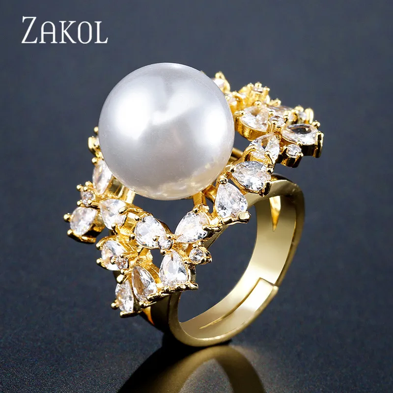 ZAKOL Европейский стиль белые большие жемчужные Открытые Кольца ослепительные