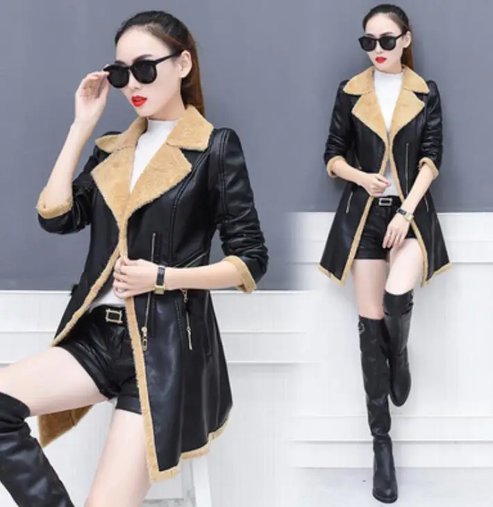 black faux leather coat women gray green khaki loose tops PU jacket autumn winter new korean lapel Plus velvet long elegant
