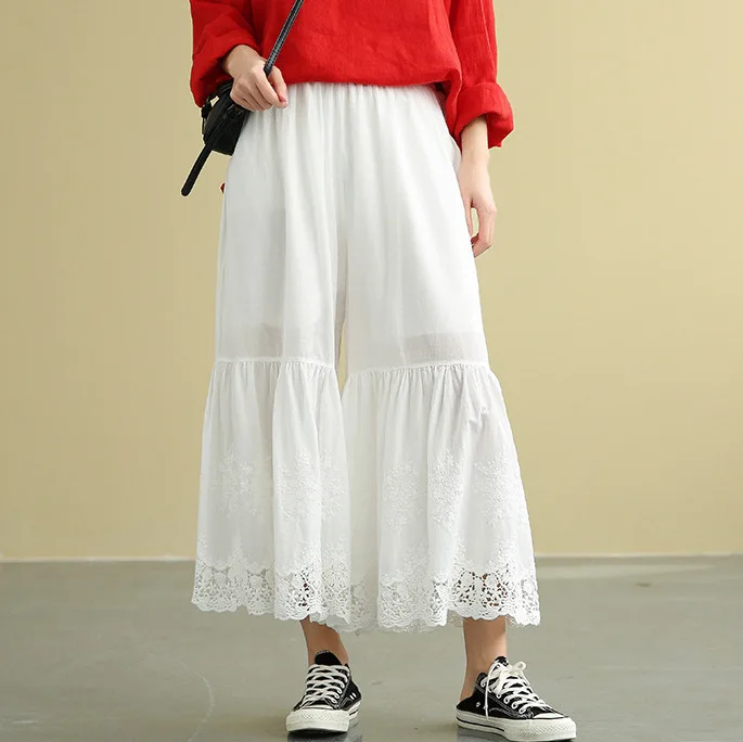 

Женская белая кружевная юбка-брюки для девочек повседневные брюки из хлопка и льна с завышенной талией на лето и весну свободные женские ра...