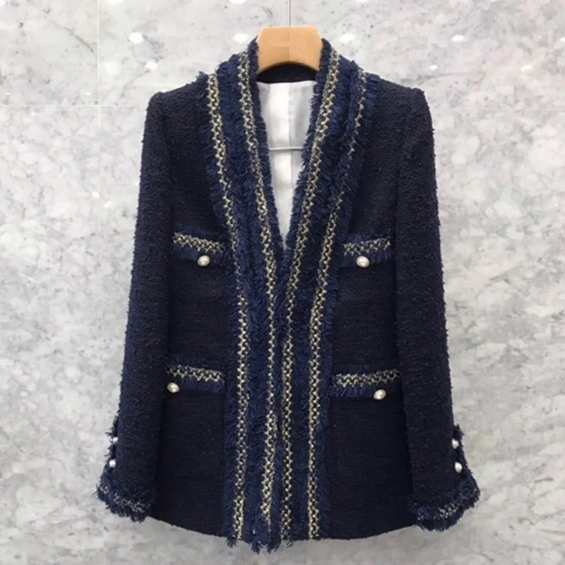 Женский твидовый пиджак винтажный с v-образным вырезом и жемчужинами Офисная