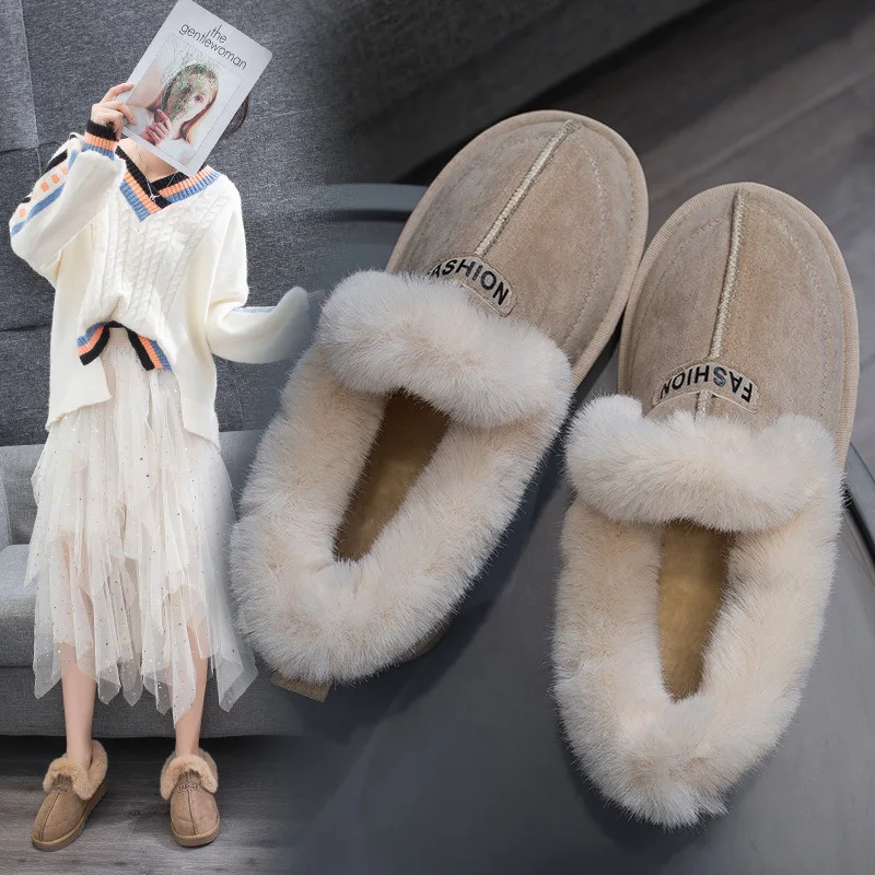 Модные женские ботильоны с толстым плюшем нескользящая теплая хлопковая обувь