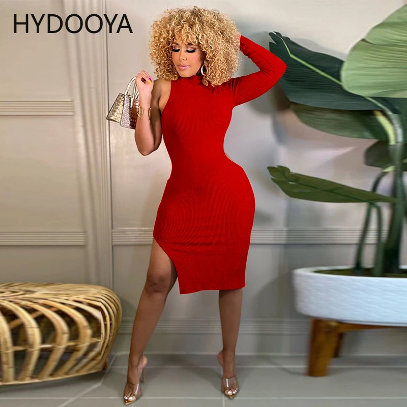

Sexy One Shoulder Knitted Ribbed Dress Women Turtleneck Long Sleeve Bodycon Midi Dresses Early Autumn Split Hollow Robe Femme
