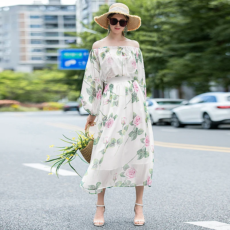 

Runway New High Quality Autumn Party Casual Sexy Long Sleeve Tube Tops Loose Half Skirt Elegant Printed Chiffon Women'S Sets