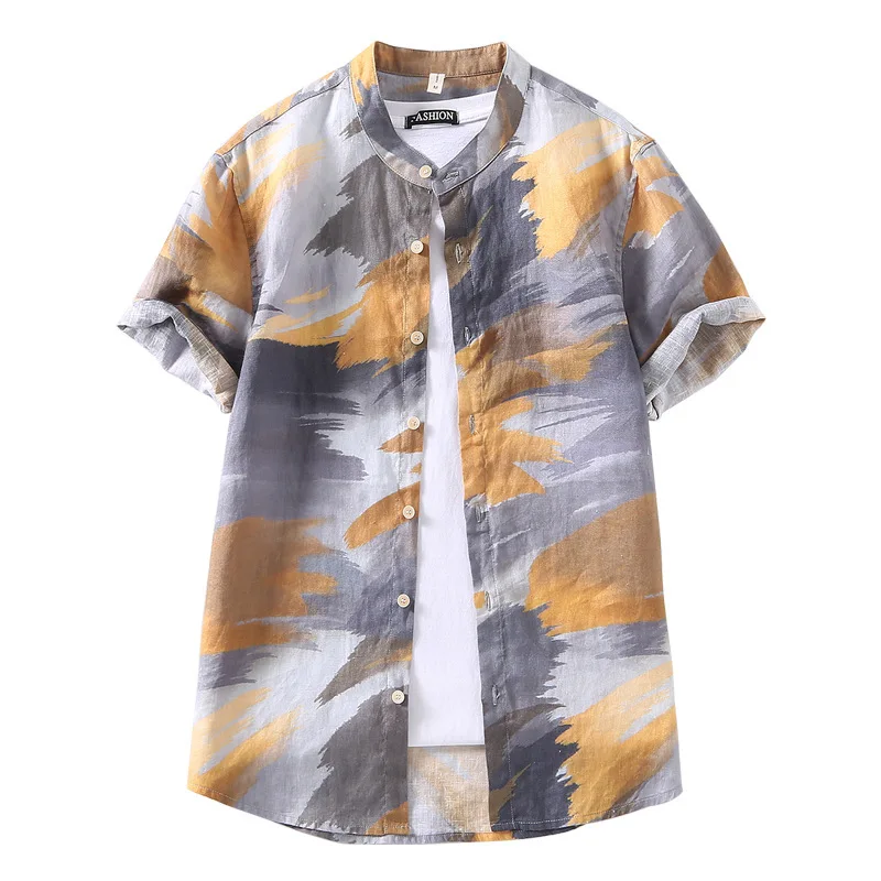 

2021 Men's New Stand Collar Linen Shirt Short Sleeve Summer Thin Printed Shirt