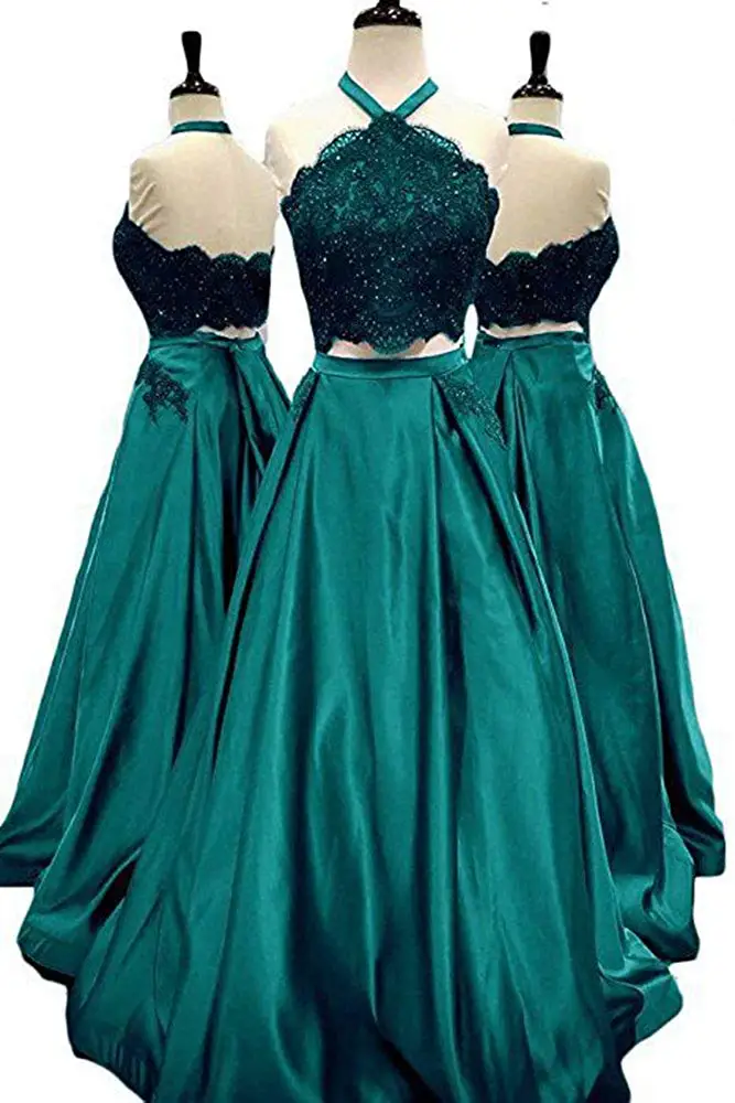 

2021 Long Satin 2 Piece Halter Prom Dresses with Pockets Sleeveless Appliques Formal Evening Party Ball Gowns vestidos de gala