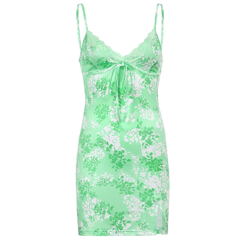 

Mandylandy Dress Summer Sexy Sleeveless V-neck High Waist Backless Spaghetti Strap Dress Women Floral Print Slim Fit Slit Dress