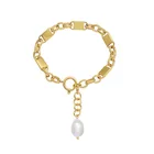 Минималистичный браслет из нержавеющей стали с натуральным жемчугом, массивная цепочка, металлический золотой женский браслет, 18 K, Модная бижутерия, подарок для вечеринки, 2021