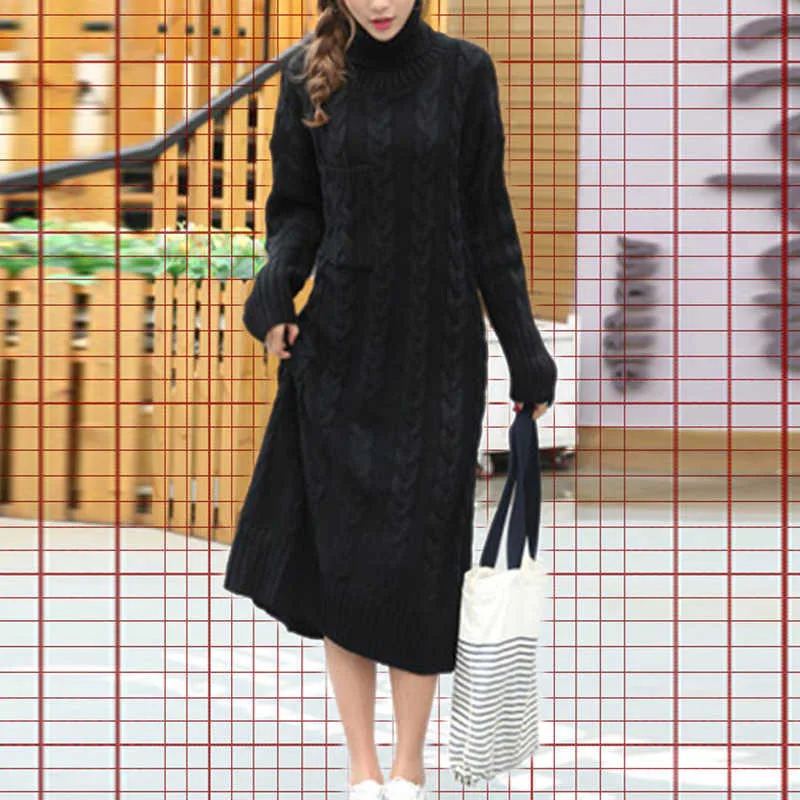 Edition Thickened High-collar Sweater Long Skirt Women's Super-long Knee Knitted Dress Tide over Loose Wharf | Женская одежда