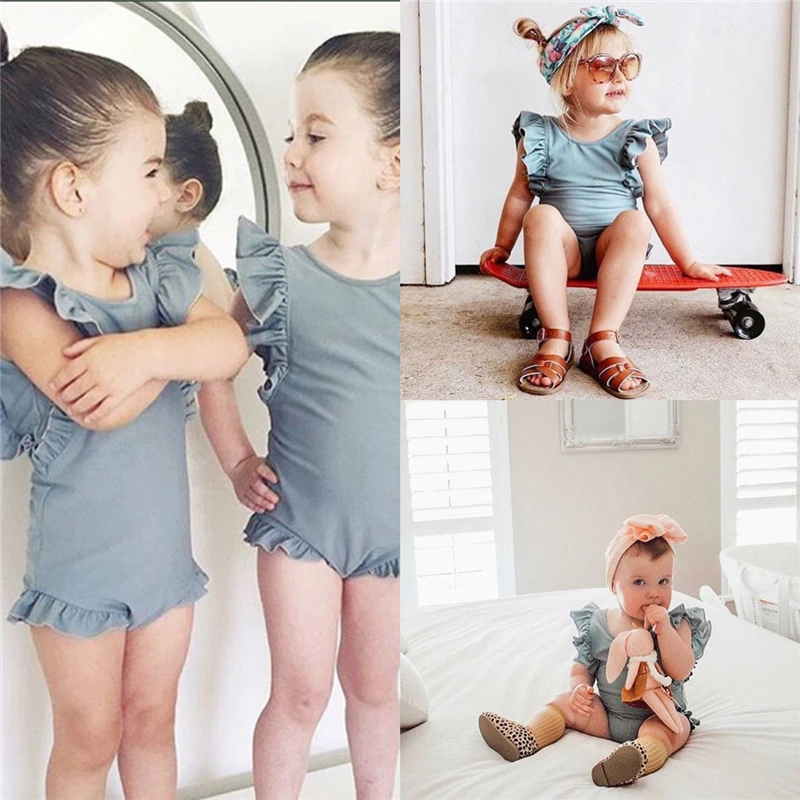 Модный летний купальный костюм бикини с рюшами для маленьких девочек однотонный