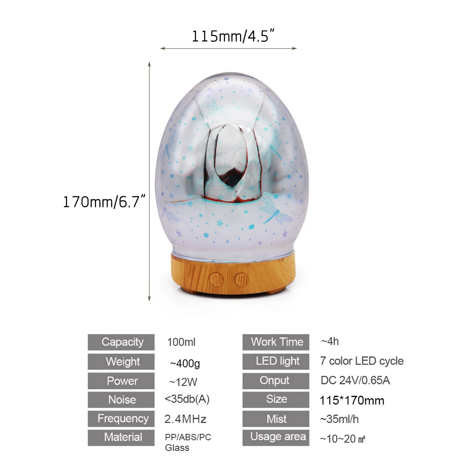 

3D Glass Oil Diffuser 100ml Premium Ultrasonic Aromatherapy Oils Humidifier With Amazing LED Night Light Waterless Auto Shut Off