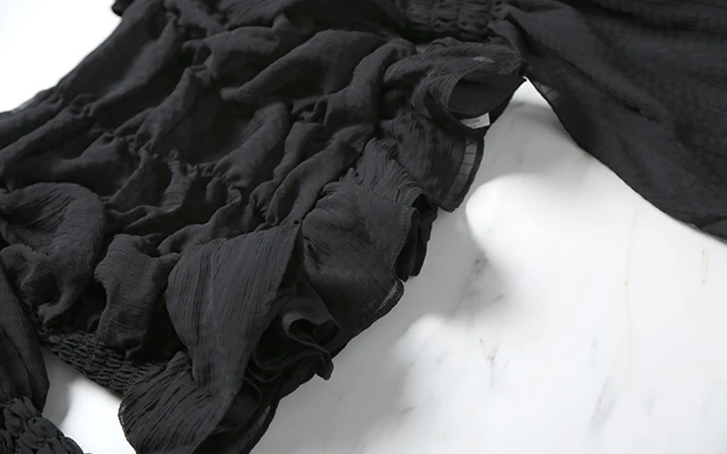 

Slim Patchwork Mesh Blouse Women Square Collar Flare Sleeve Drawstring Ruched Lace Up Shirts Female 2020 Clothes New K479