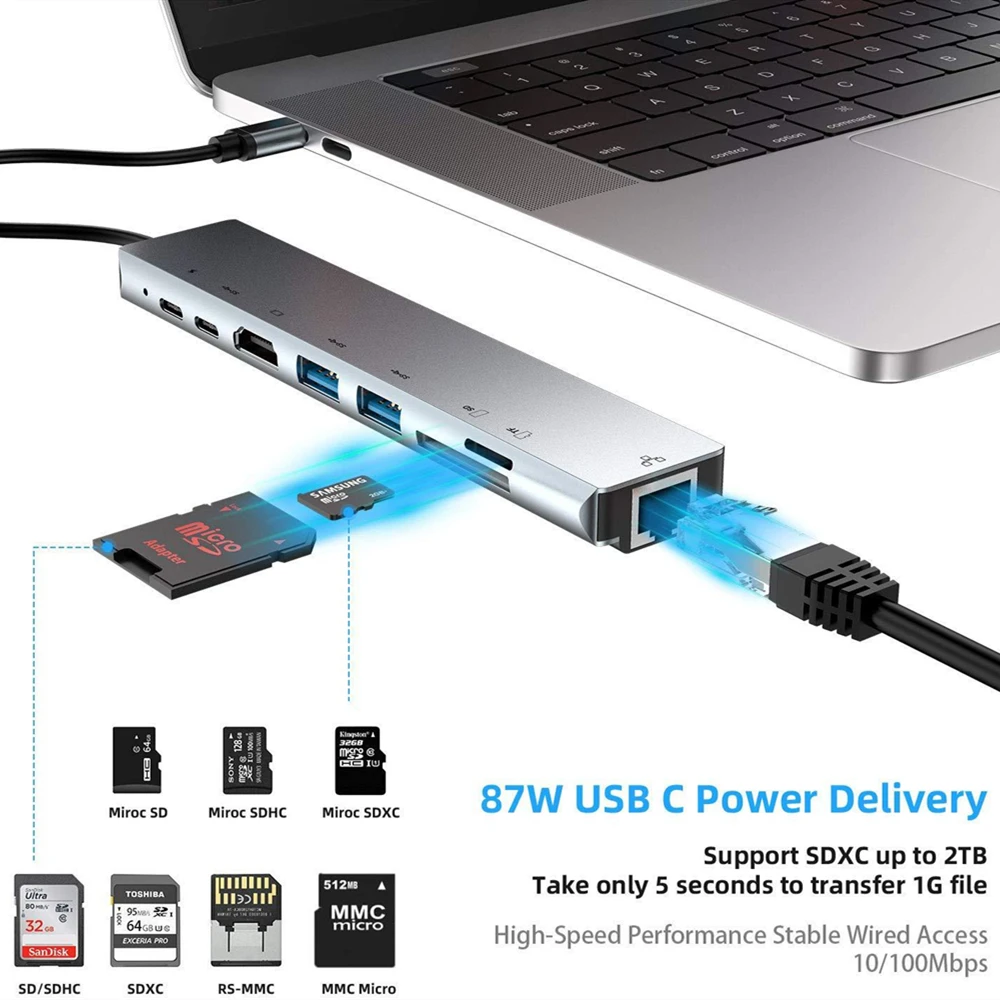 Tebe Тип usb-C USB концентратор до 4K HDMI RJ45 usb 3,0 SD/карта td читатель быстрой зарядки PD 8 в 1 многофункциональный адаптер для MacBook Pro