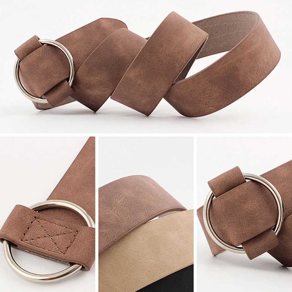 

Women Leather Belt Round Buckle Belts Leisure Jeans without Pin Metal Buckle Strap Waistband