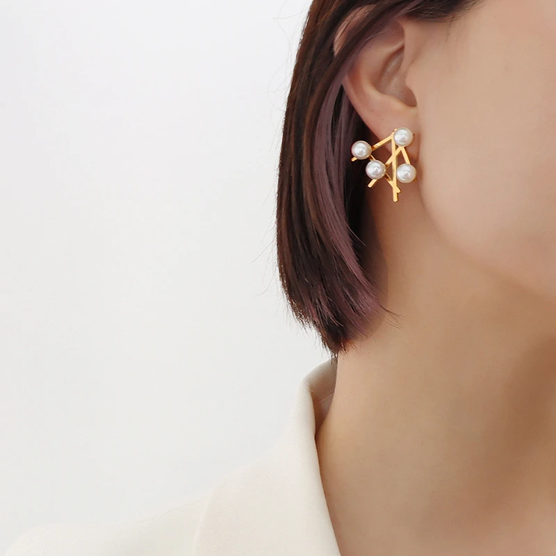

Classic Irregular Geometric Stud Earrings With Small Pearl Anniversary Gift Fashion Gold Color Stainless Steel Eardrop For Women