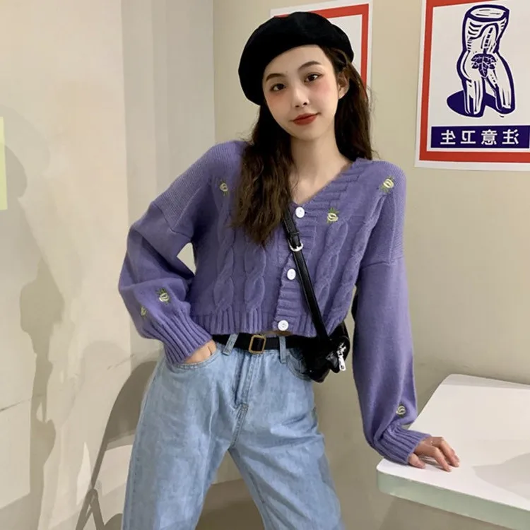 

Женский вязаный кардиган с вышивкой, повседневный Свободный укороченный топ в Корейском стиле на груди, Осень-зима 2019