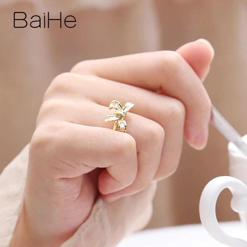 BAIHE, 14 к, желтое золото, около 0.30ct, H/SI, квадратный,, натуральные бриллианты, обручальное кольцо, модное, хорошее ювелирное изделие, бант, подарочное кольцо