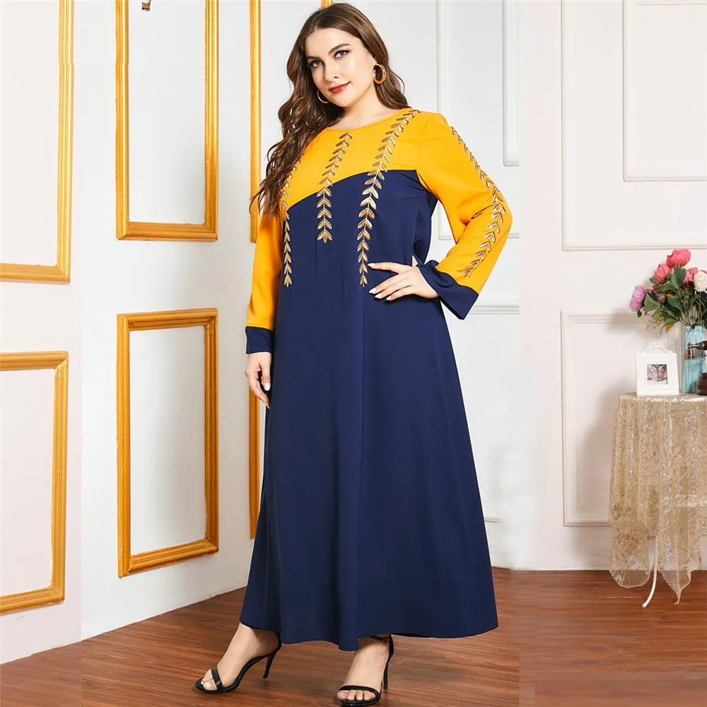 

Plus Size Ethnic Embroidery Abaya Muslim Women Dress Patchwork Maxi Robe Arabic Jilbab Ramadan Long Sleeve O-neck Gown Clothing