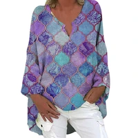 lady cotton linen pullover long sleeve t shirt classical geometry print summer loose tops v collar women causal t shirt