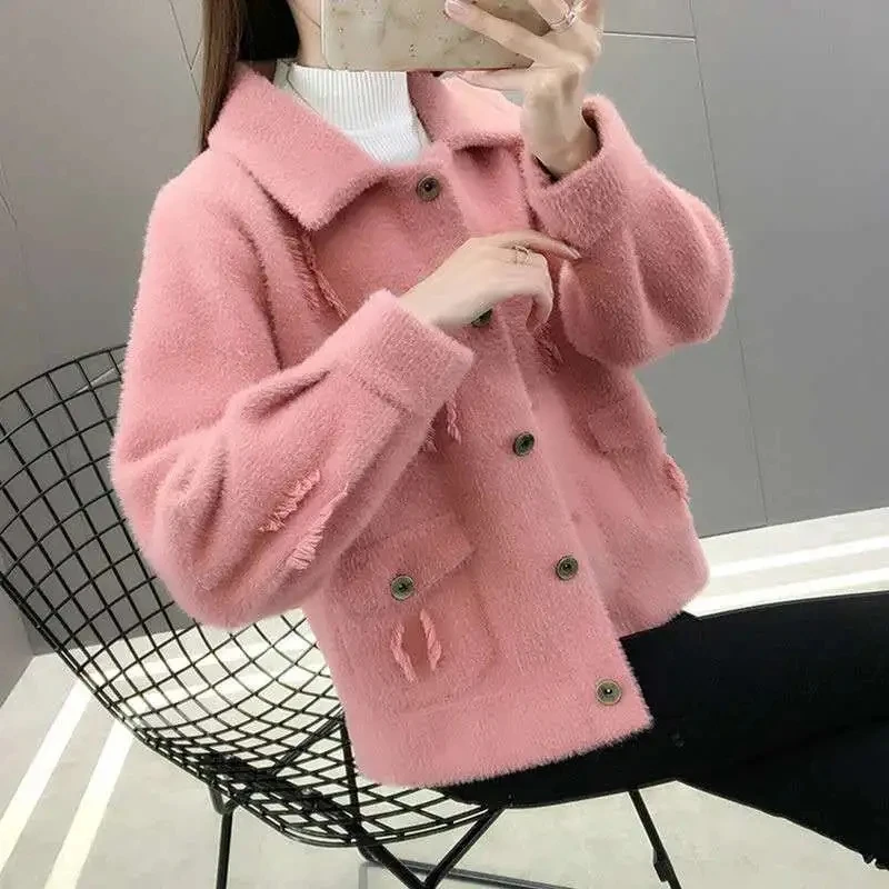 

Imitation Mink Velvet Jacket Women 2022 Spring Autumn Sweater Knitted Cardigan Coat Short Loose Femme Pink/Black Outerwear
