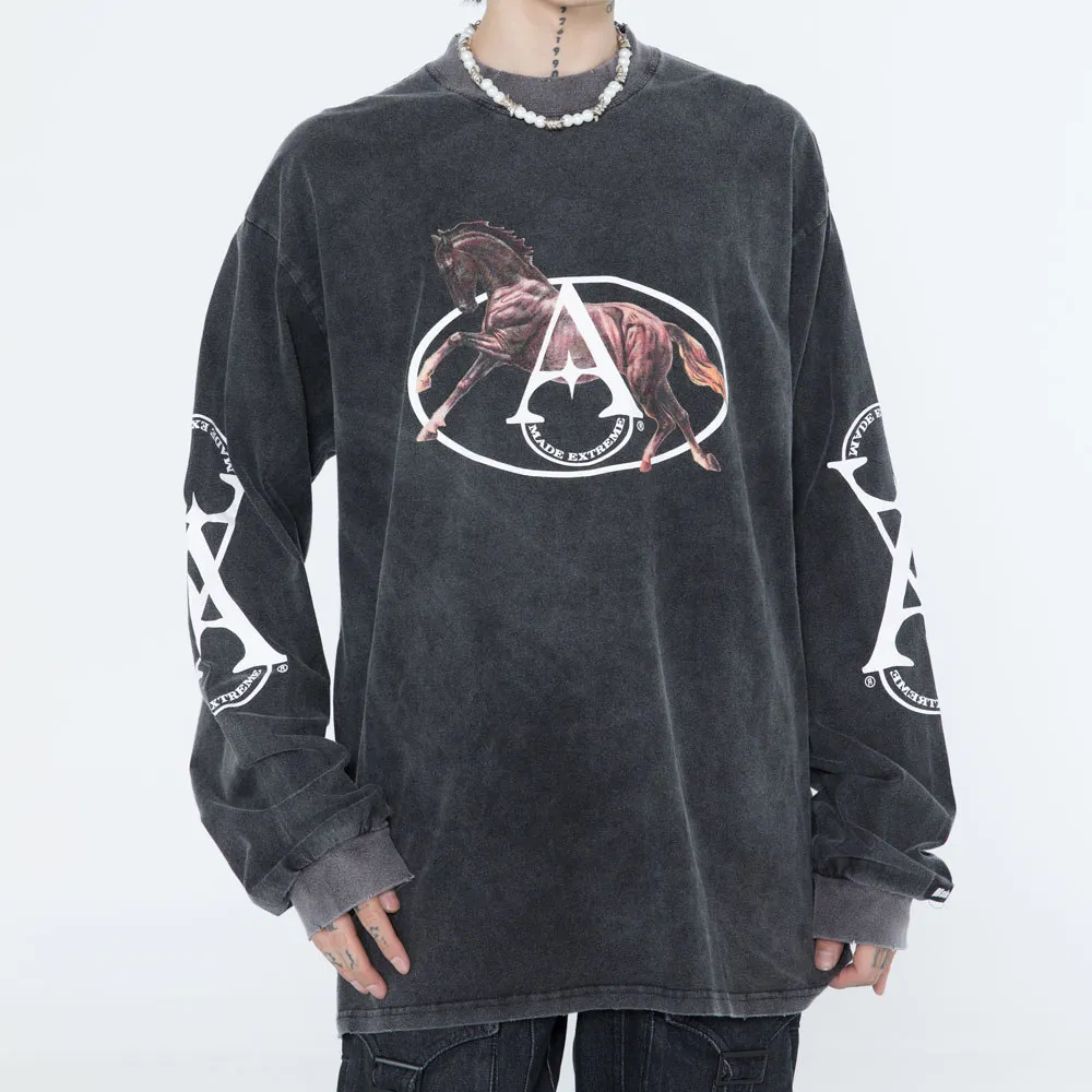 

Long Sleeve Tshirts Washed Antique Finish Harajuku Printed Tees Shirts Streetwear Mens Hip Hop Crew Neck Cotton Loose Tops